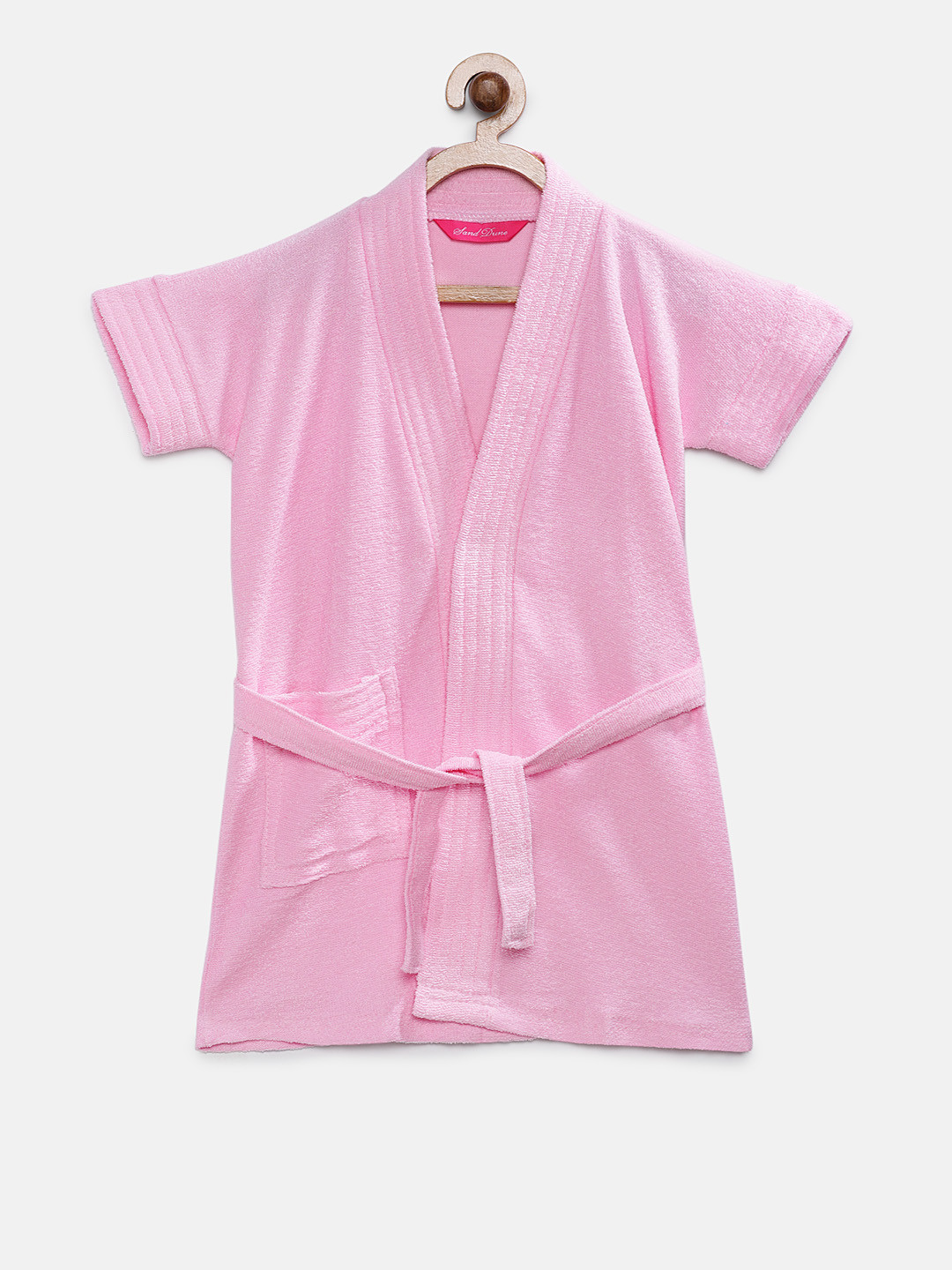 Sand Dune Pink Solid Cotton Drawstring Knee Length Bath Robe-1Y