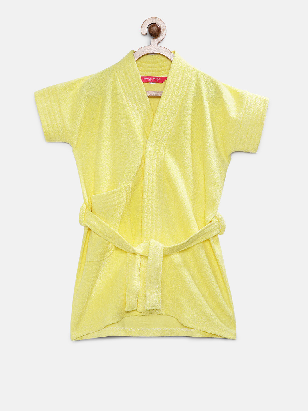 Sand Dune Yellow Solid Cotton Drawstring Knee Length Bath Robe-1Y