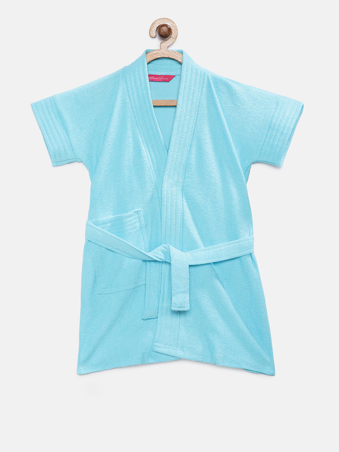 Sand Dune Blue Solid Cotton Drawstring Knee Length Bath Robe-1Y