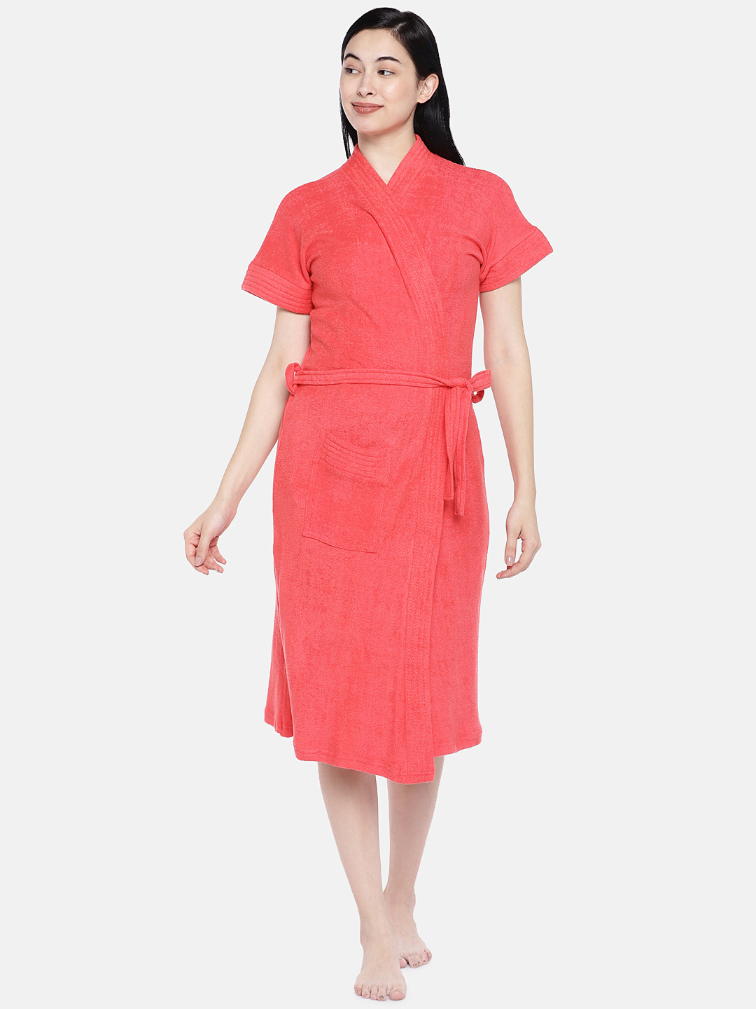 Sand Dune Red Solid Cotton Drawstring Knee Length Bath Robe