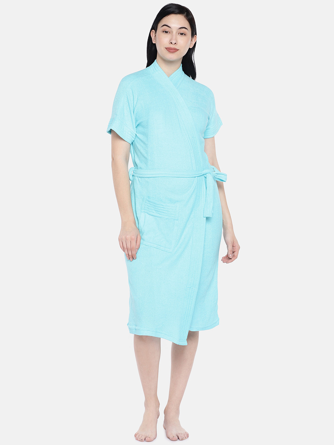 Sand Dune Blue Solid Cotton Drawstring Knee Length Bath Robe