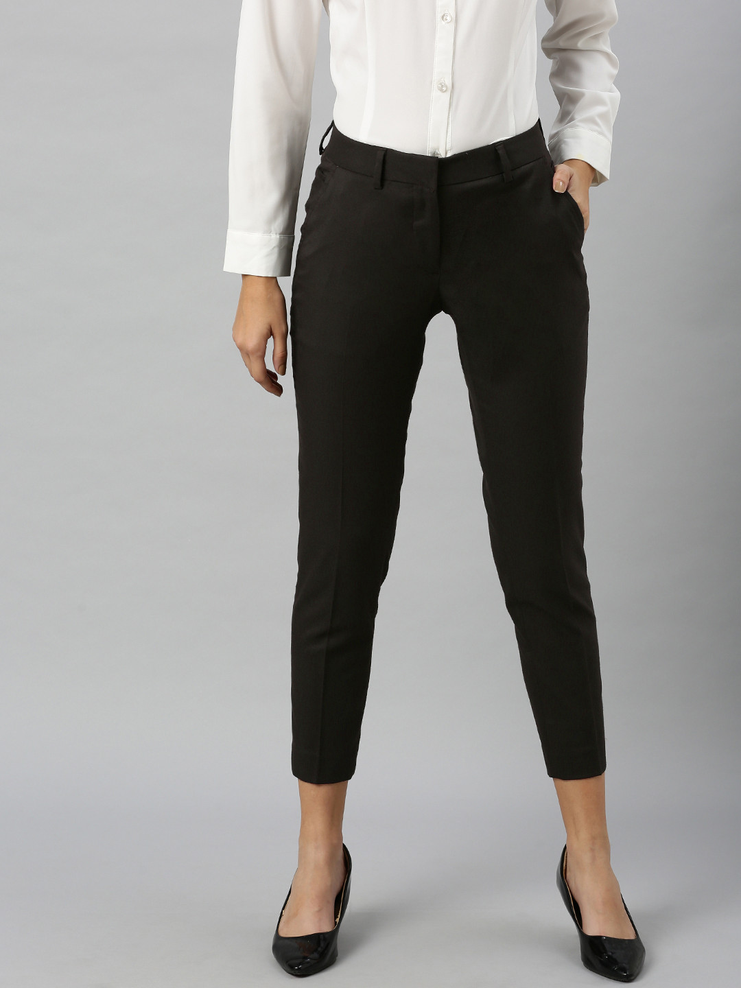 Park Avenue Women Black Slim Fit Solid Regular Cropped Trousers