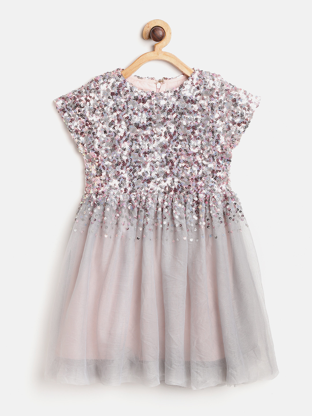 Cherry Crumble Girls Grey Net Sequinned Fit & Flare Dress