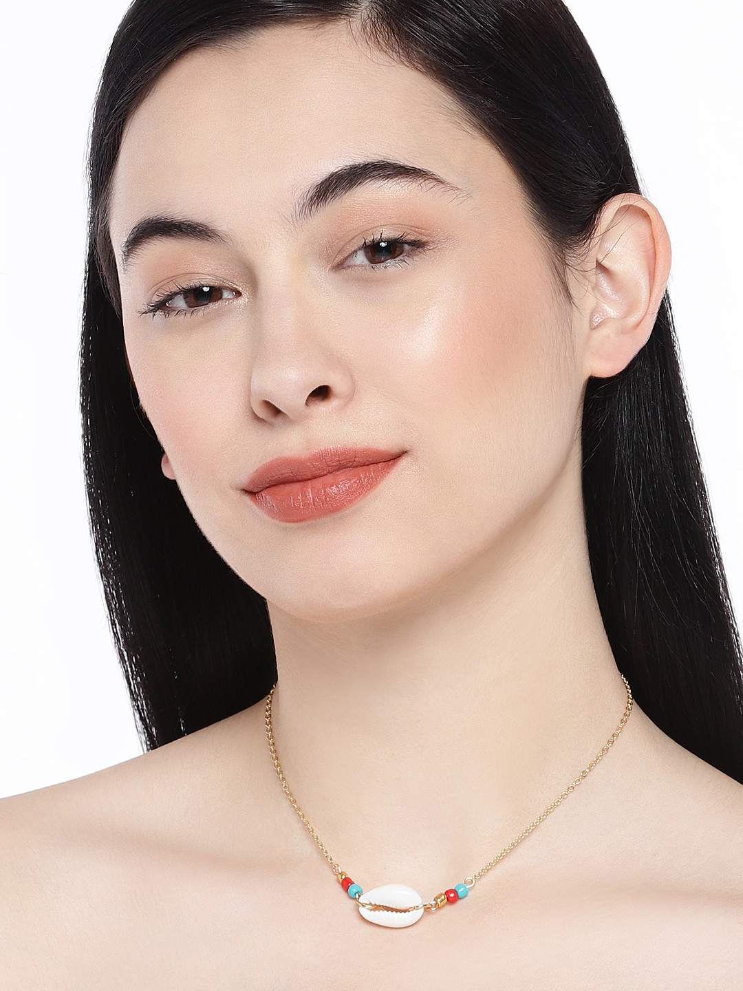 OOMPH Gold-Plated & White Sea Shell Bead Bohemian Choker Necklace