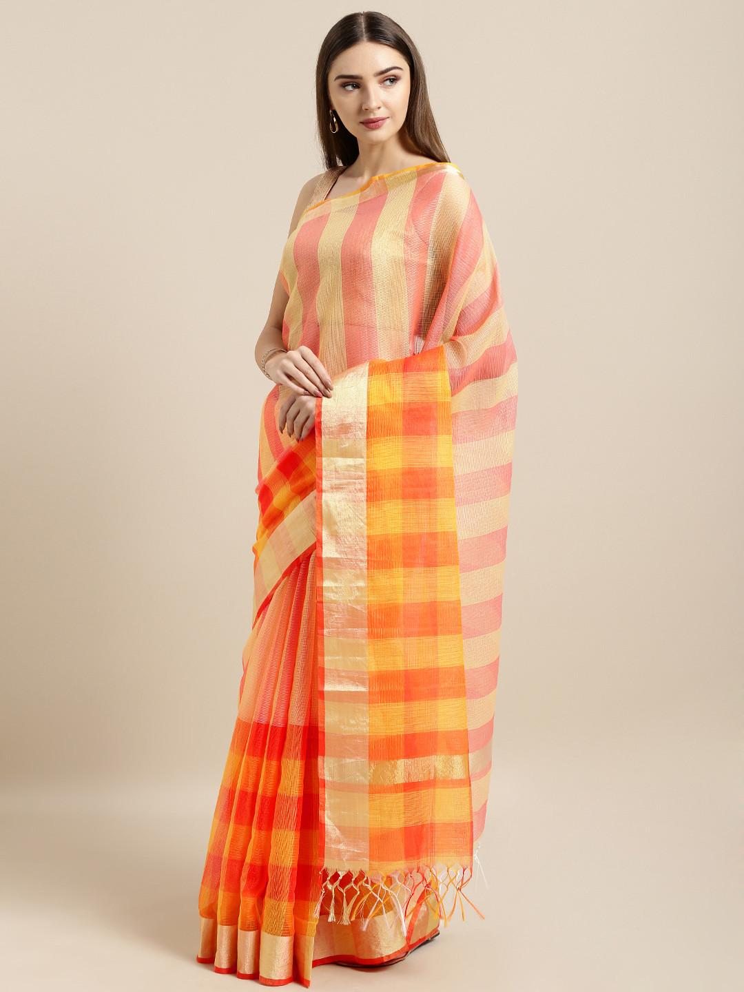 Rajnandini Peach-Coloured & Orange Cotton Blend Checked Kota Saree