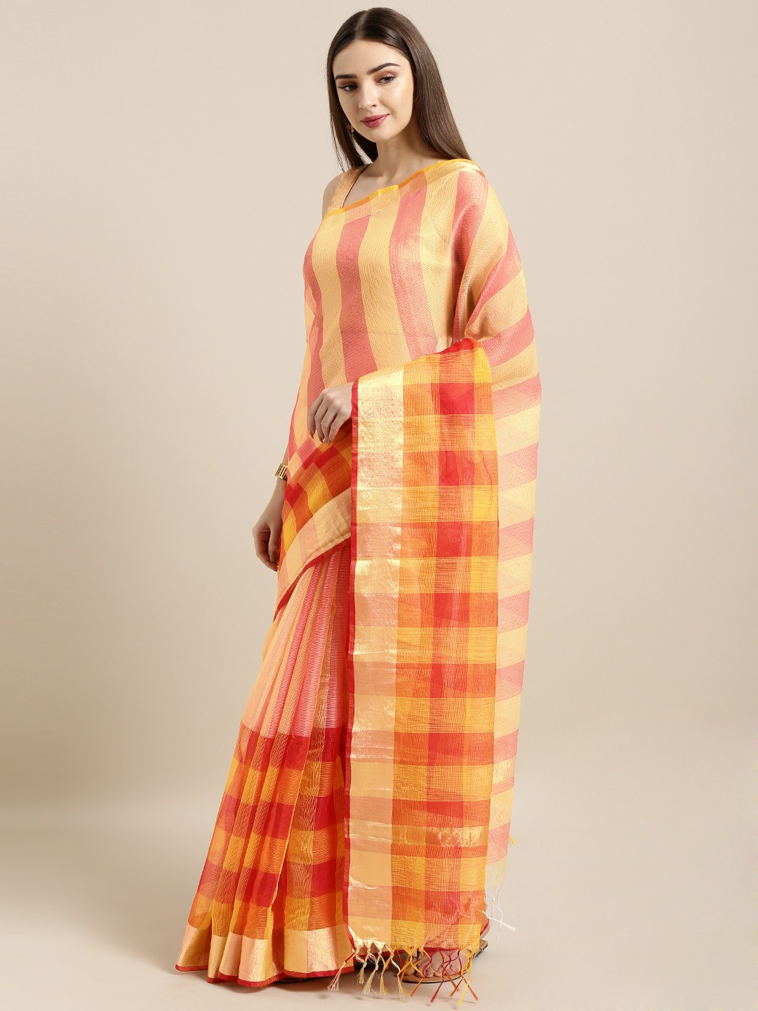 Rajnandini Yellow & Red Cotton Blend Checked Kota Saree