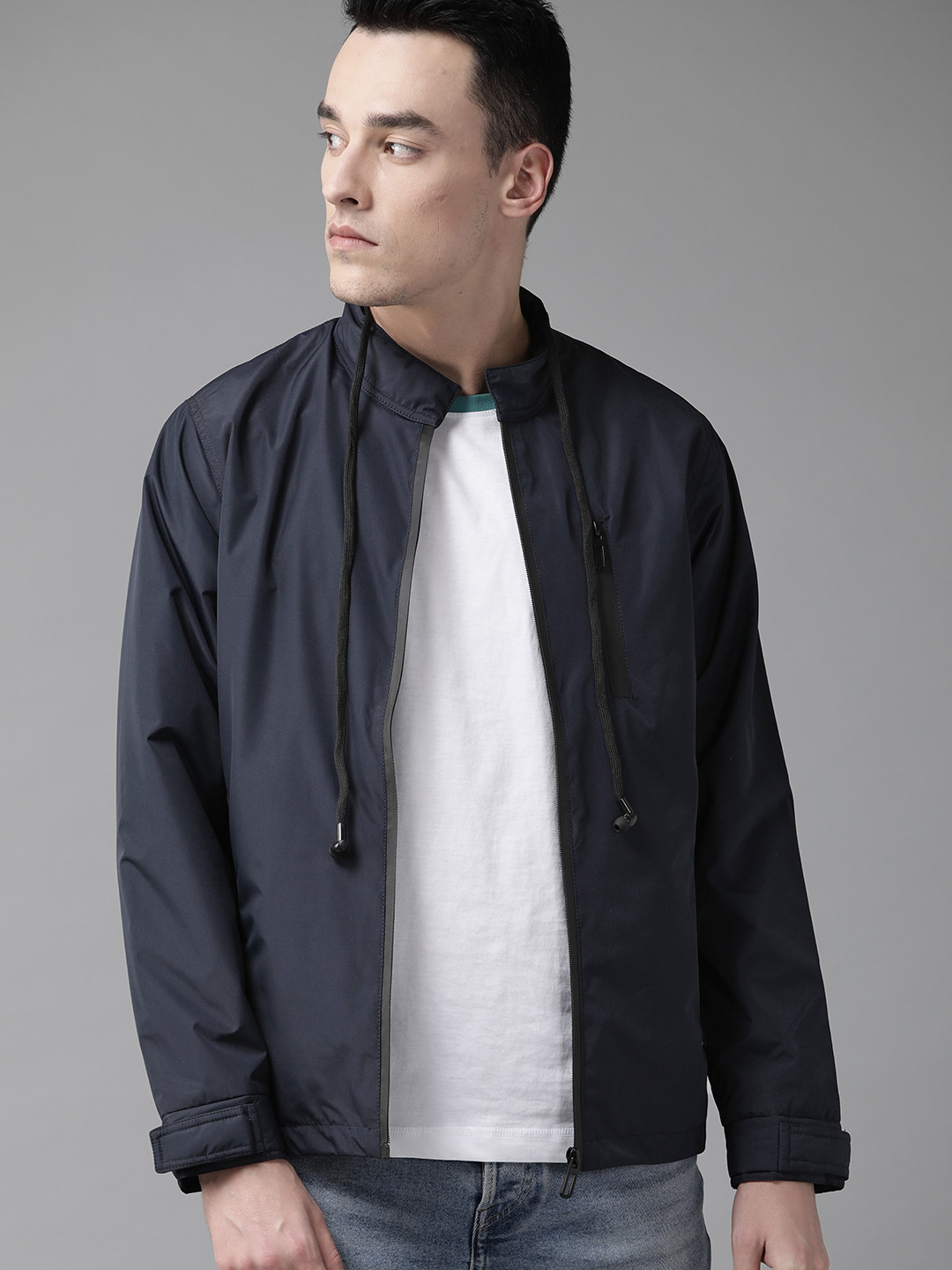 The Roadster Lifestyle Co Men Navy Blue Solid Tailored Jacket with Attached Earphones