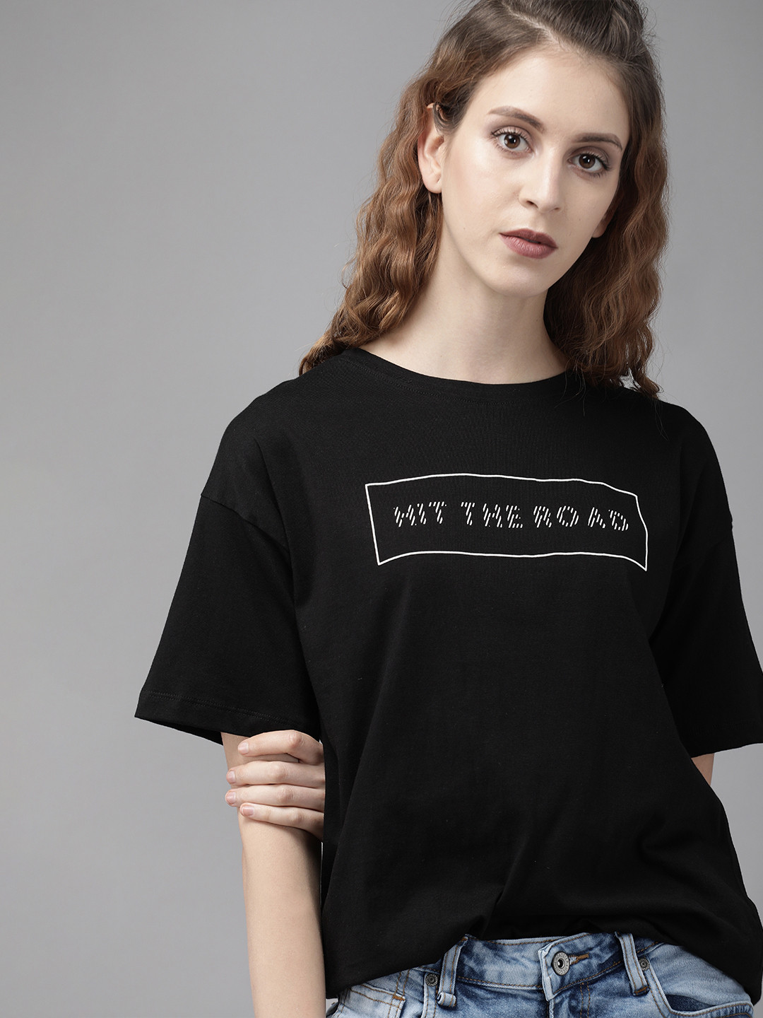 Roadster Women Black Printed Round Neck  Cotton Longline Boxy Fit T-shirt