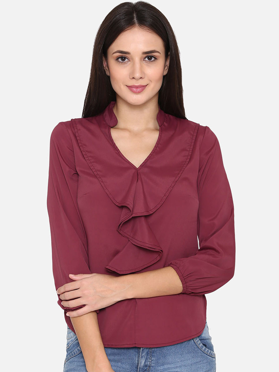 PHWOAR Women Maroon Solid Top