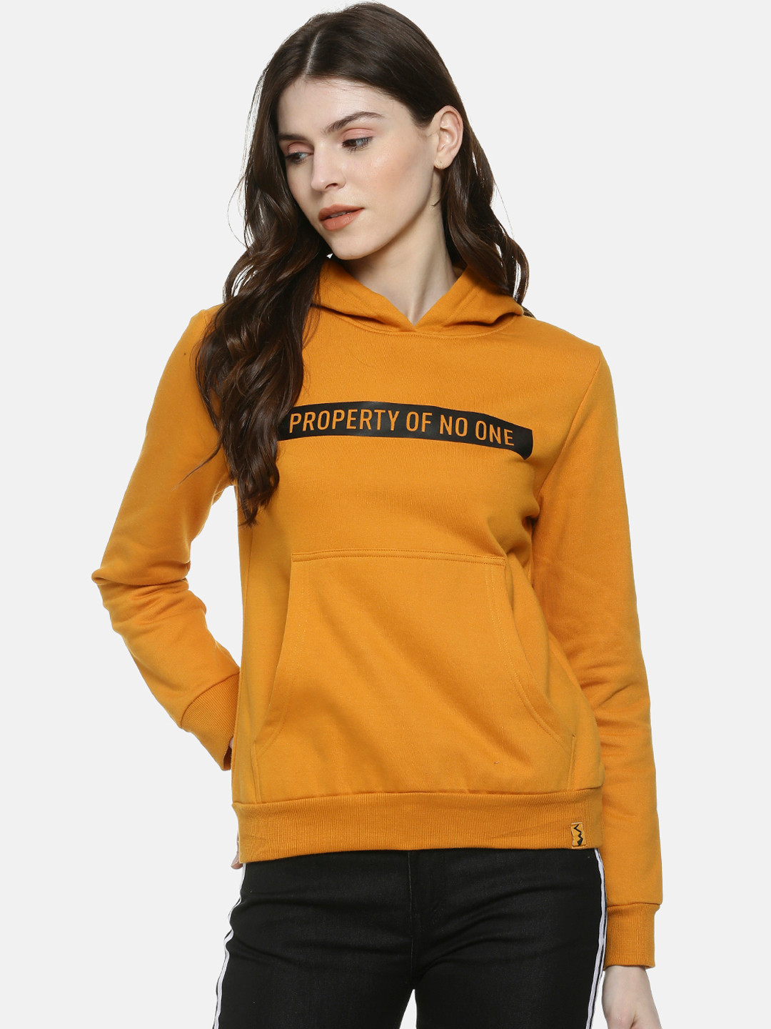 PINACOLADA Women Mustard Yellow Printed Hooded Sweatshirt