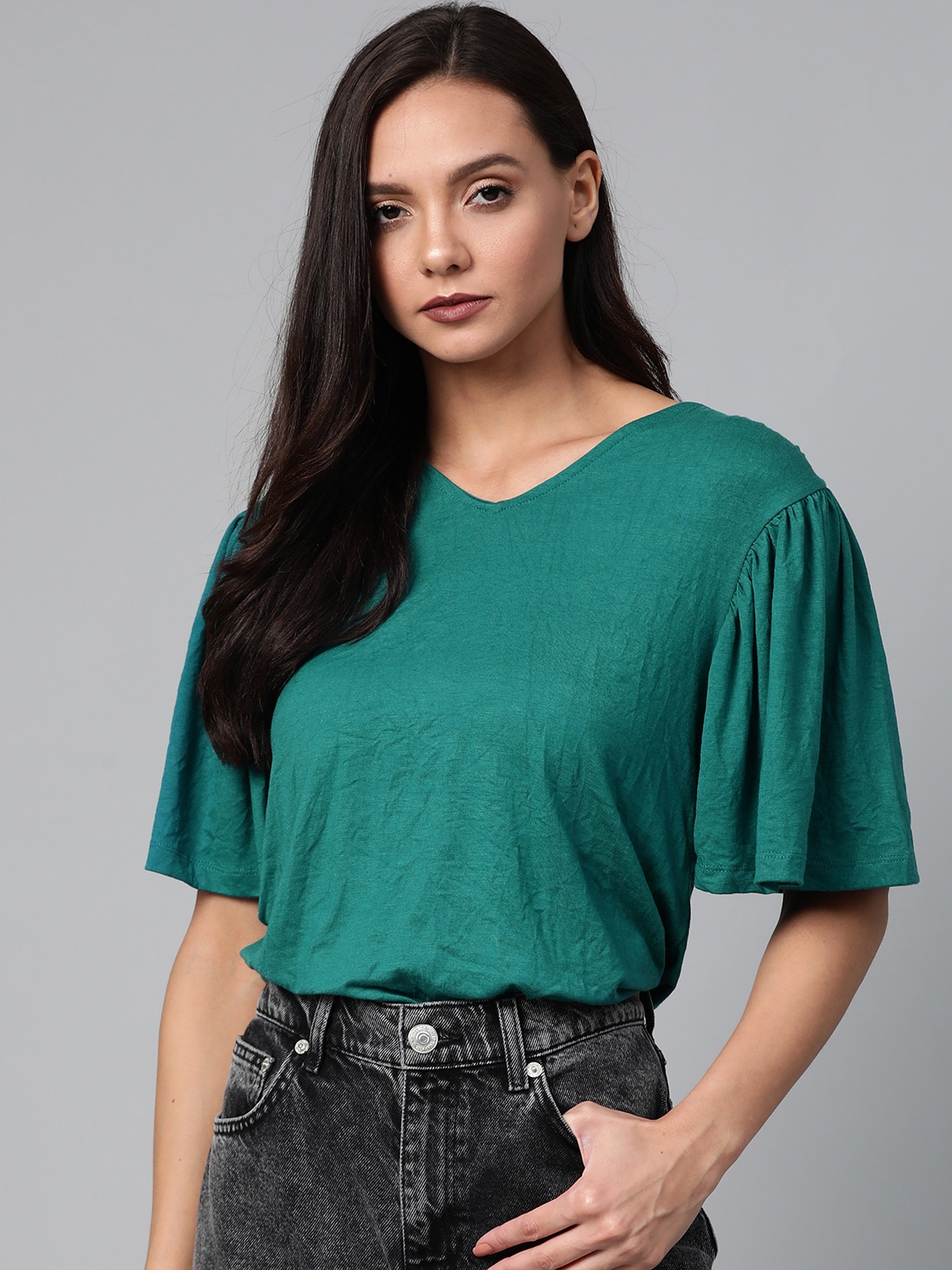 Roadster Women Green Flared Sleeves Solid Top