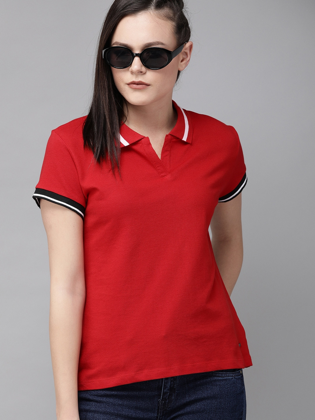 Roadster Women Red Solid Polo Collar T-shirt