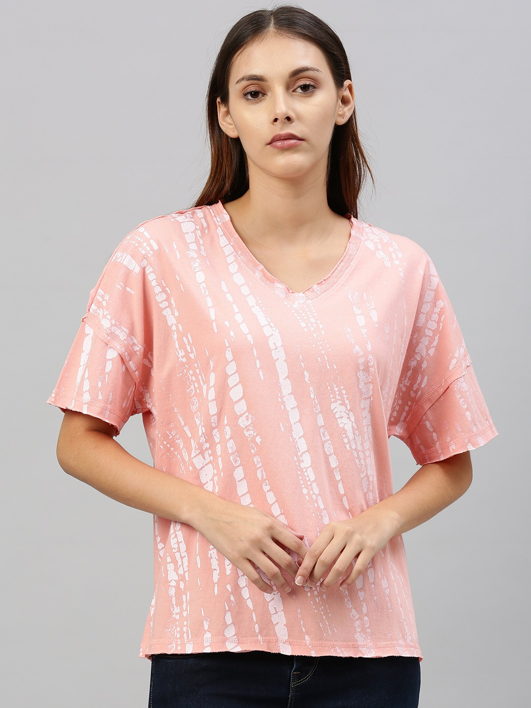 The Roadster Lifestyle Co Women Pink Dyed V-Neck Pure Cotton T-shirt With Raw Edged Sleeves