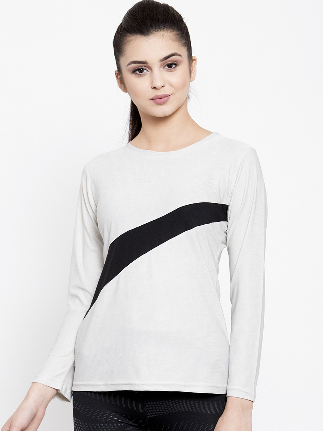 Boston Club Women Cream-Coloured Colourblocked Round Neck T-shirt