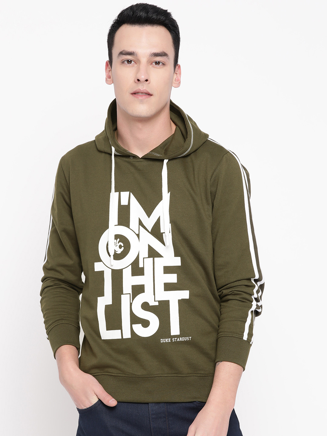 Duke Men Olive Green & White Printed Hooded Sweatshirt