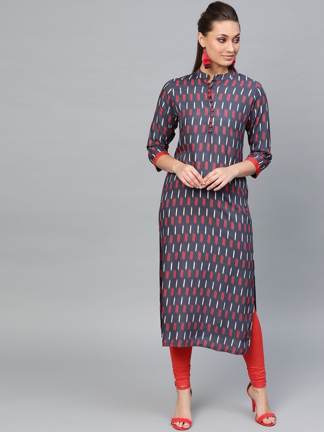 Indo Era Women Navy Blue & Red Printed Straight Kurta