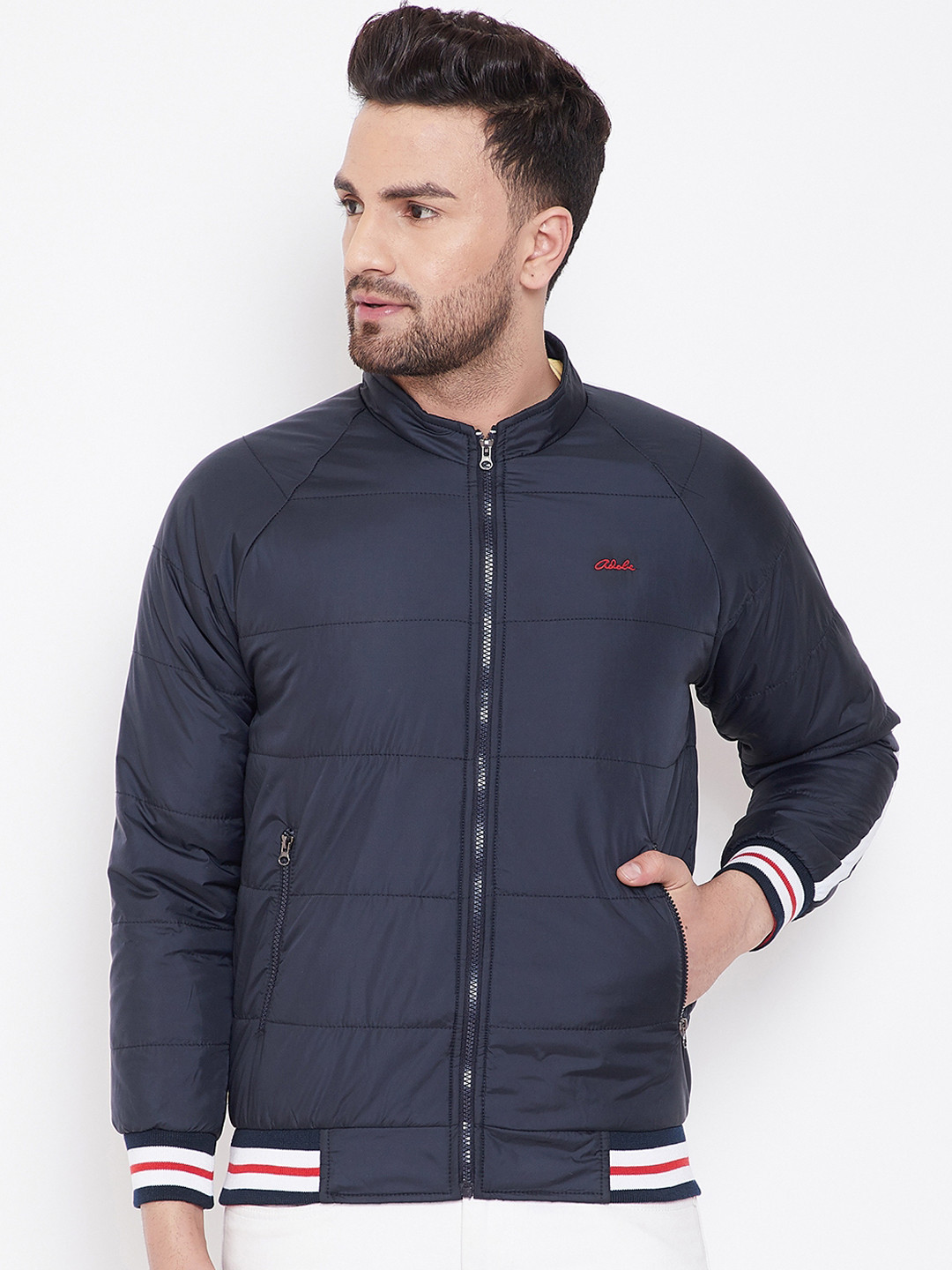 Adobe Men Navy Blue Striped Windcheater Varsity Jacket