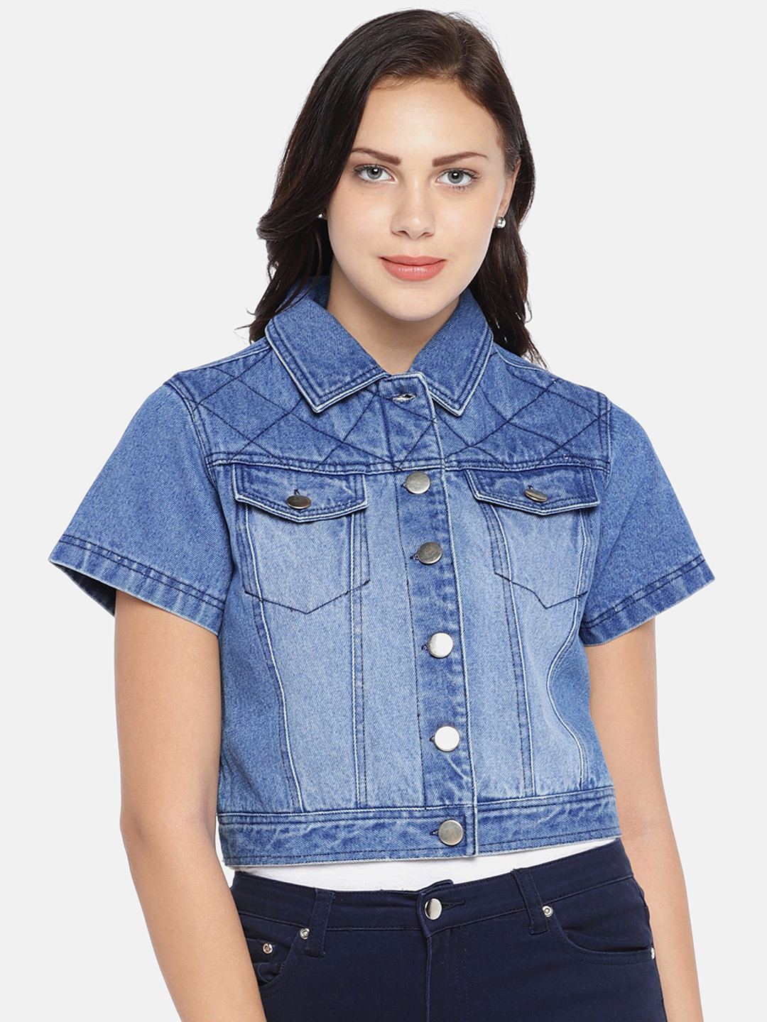 MERLOT Women Blue Solid Water Resistant Crop Denim Jacket