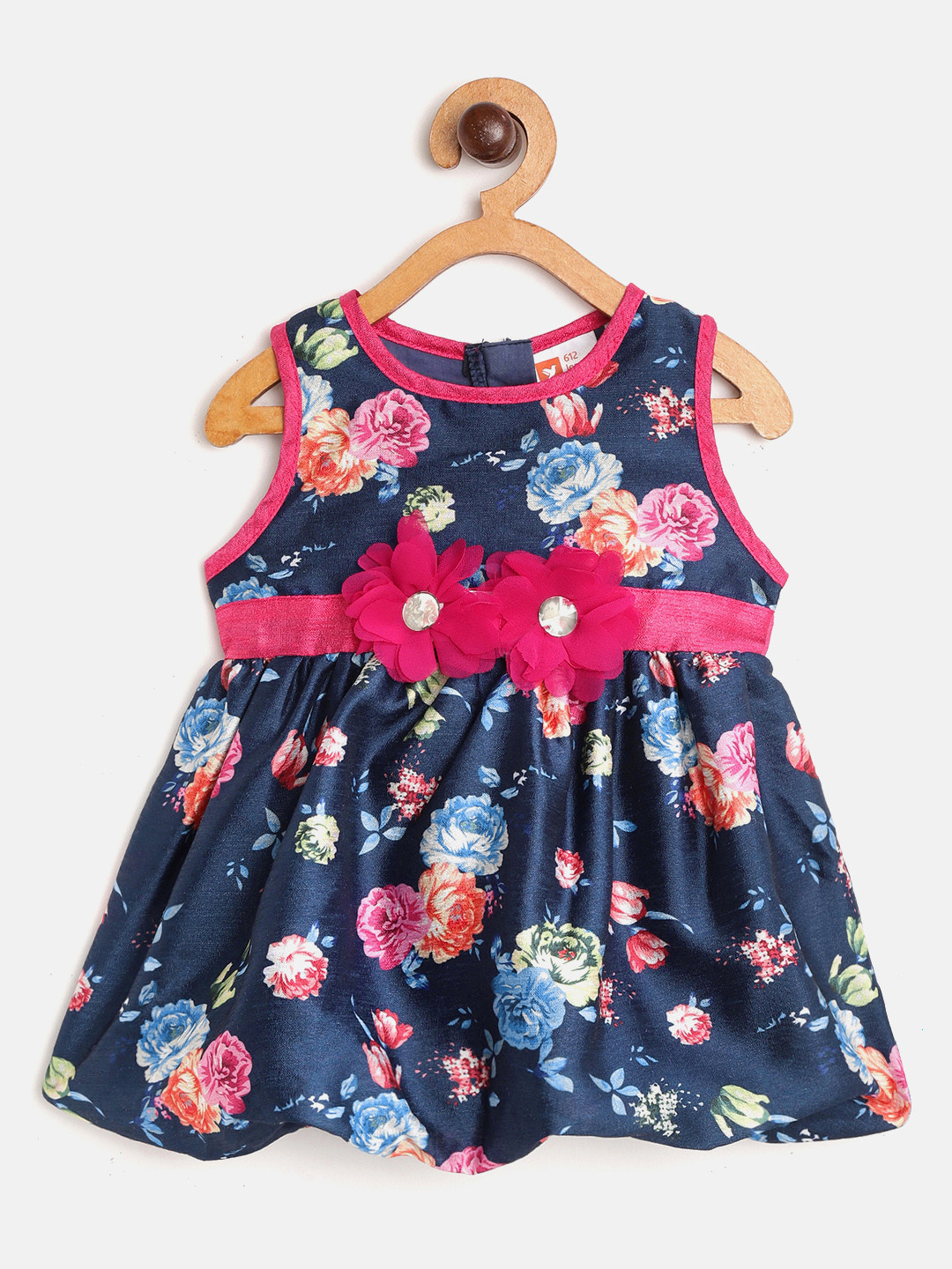 612 league Girls Navy Blue & Pink Floral Printed Balloon Dress