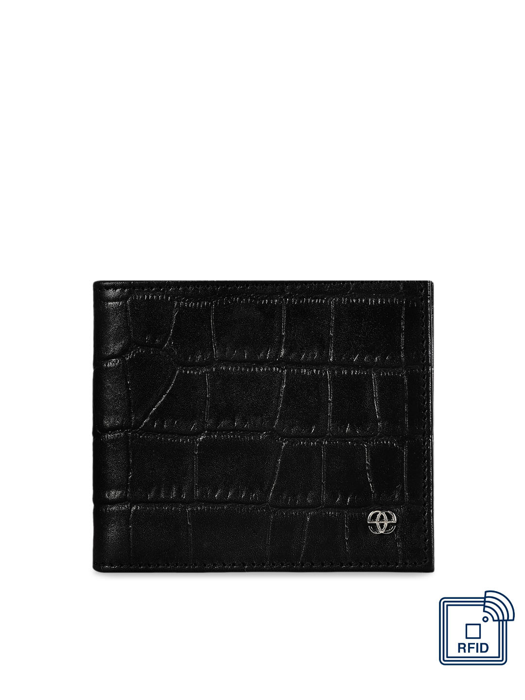 Eske Men Black Crocodile Skin Textured Two Fold Leather Wallet