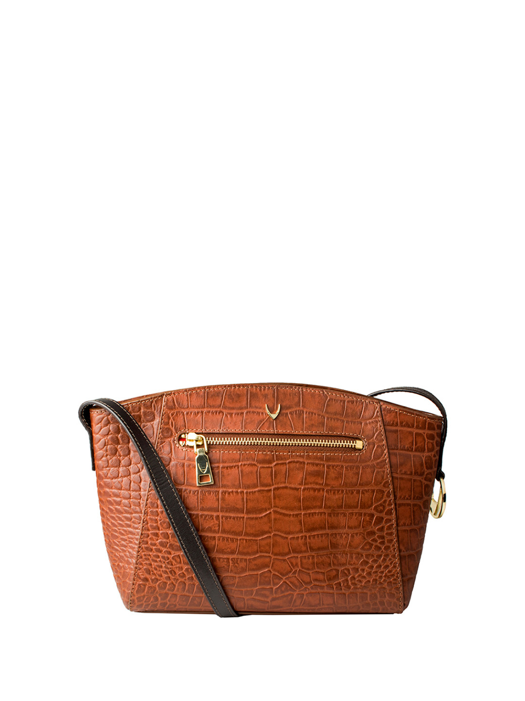 Hidesign Tan Brown Crocodile Skin Textured Leather Sling Bag