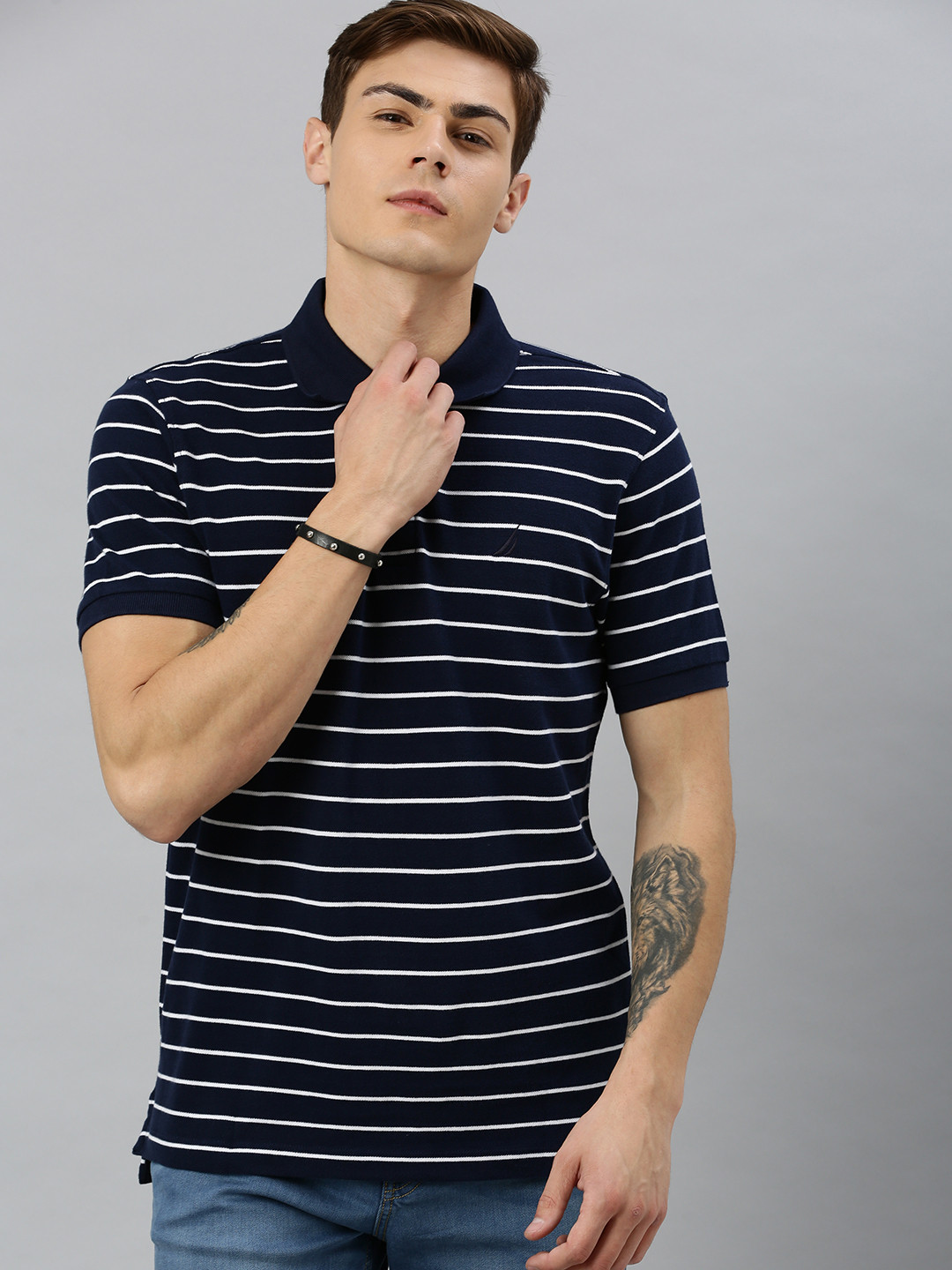 Nautica Men Navy Blue and White Striped Polo Collar  Cotton T-shirt