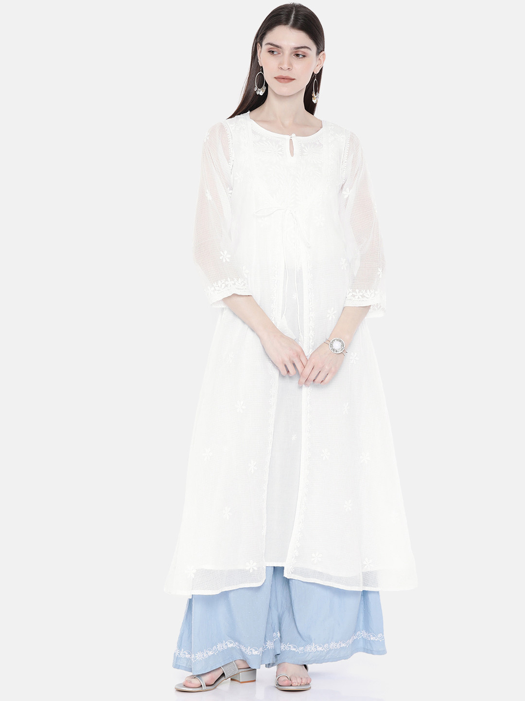 ADA Women White Embroidered Layered A-Line Chikankari  Kota Handloom Kurta