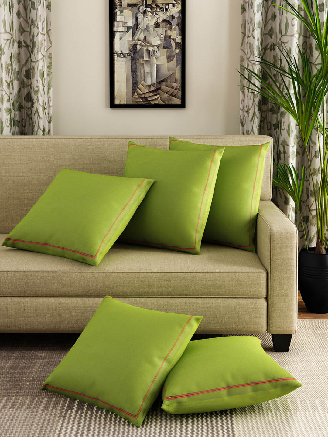 SWAYAM Green Cotton Washable 5 Piece Square Cushion Covers -16x16In