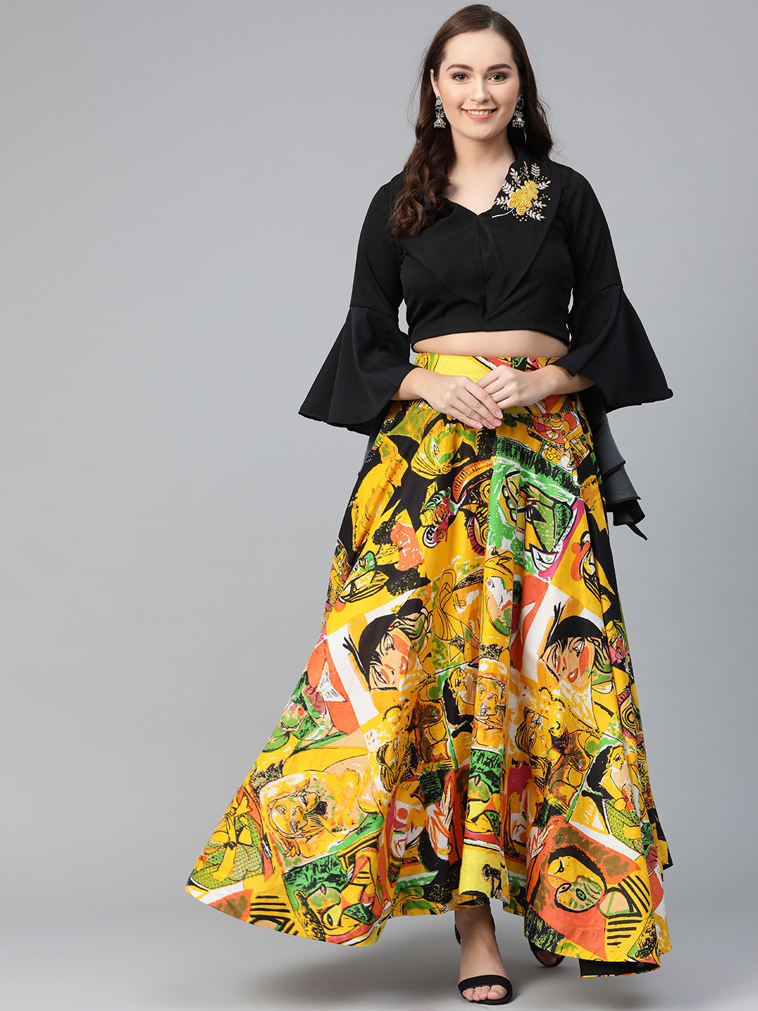 Pannkh Women Black & Mustard Yellow Solid Top with Skirt