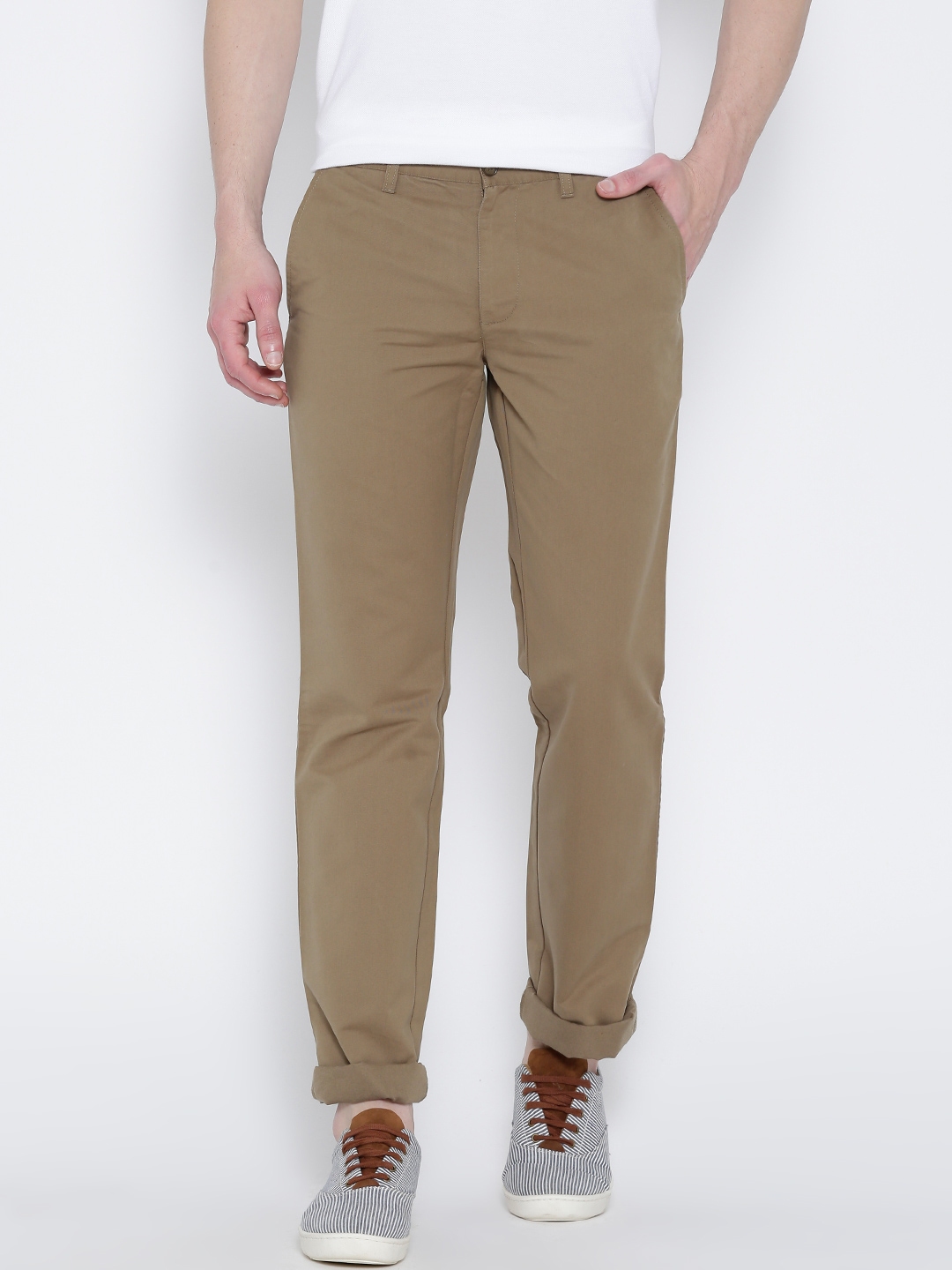 Buy Indian Terrain Men Khaki Solid Slim Fit Flat Front Trousers  Trousers  for Men 1467807  Myntra