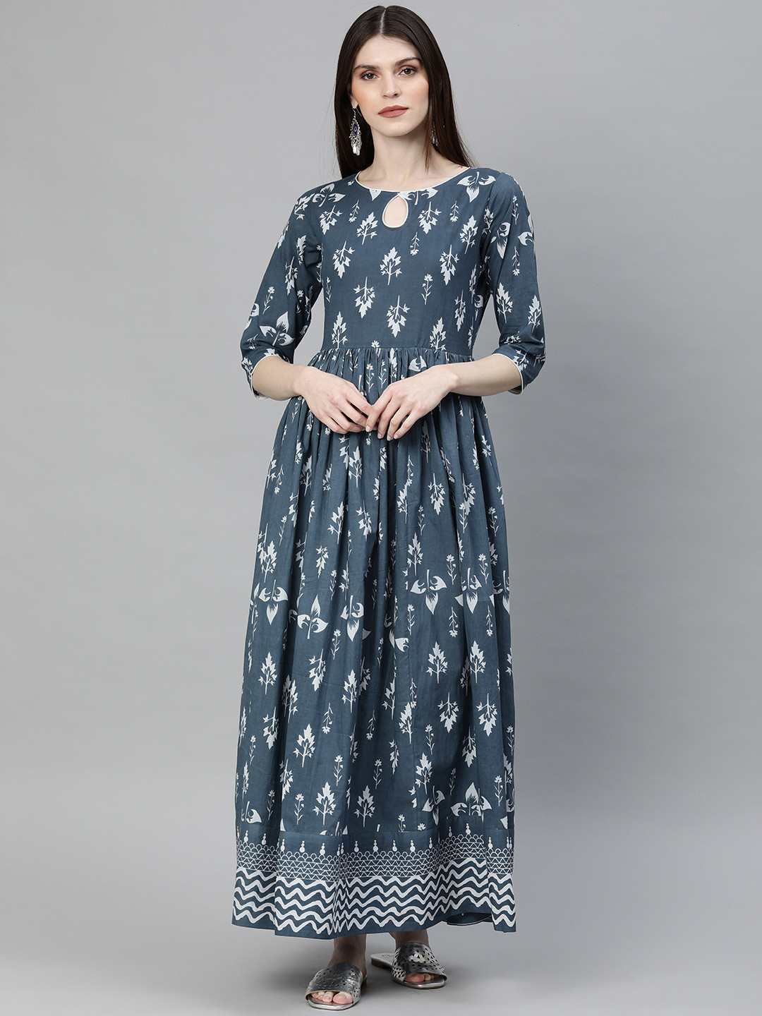 Divena Women Teal Blue & White Printed Floor Length Anarkali Kurta