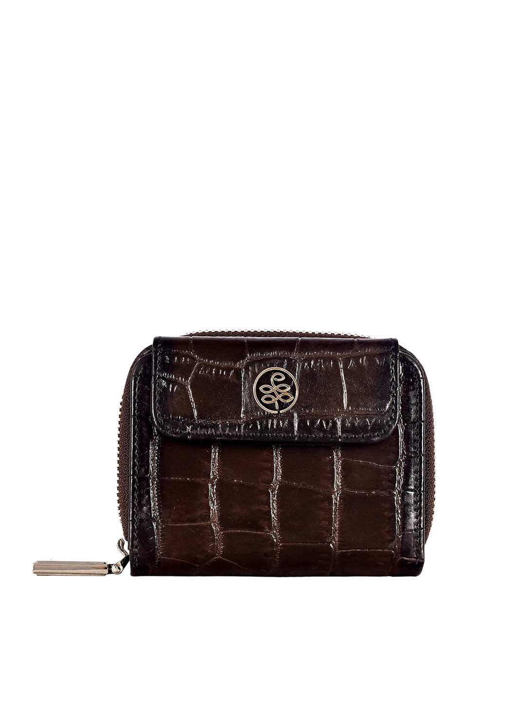 Eske Women Coffee Brown Crocodile Skin Printed Zip Around Genuine Leather Wallet