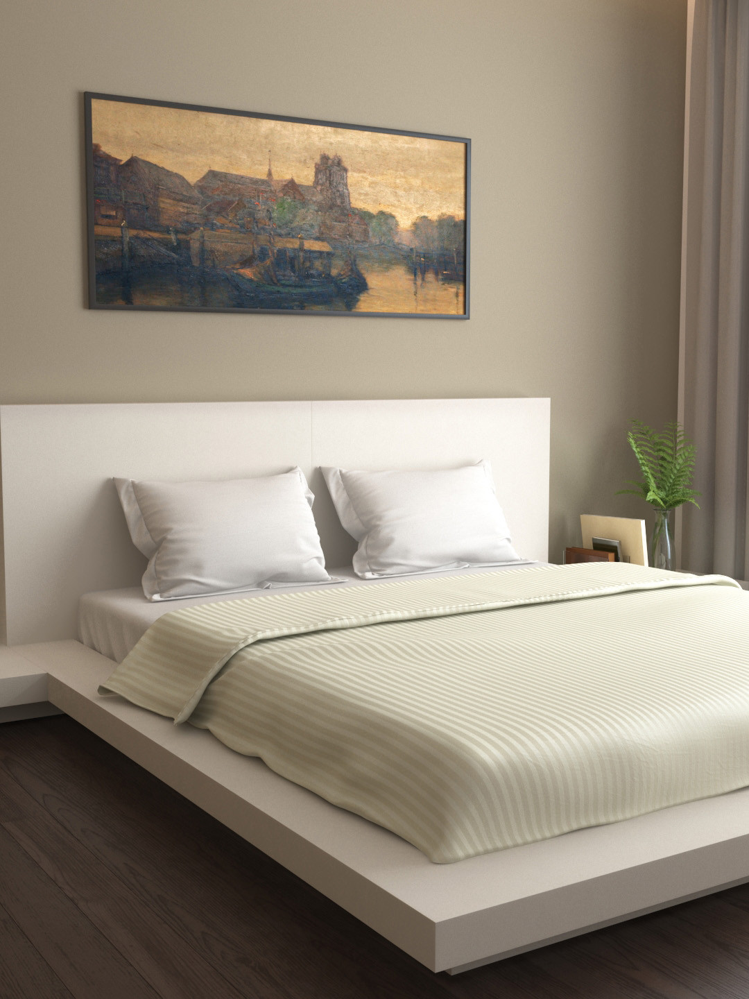 MARK HOME Off-White Striped 400 TC Cotton Sateen Double Bed Duvet Cover