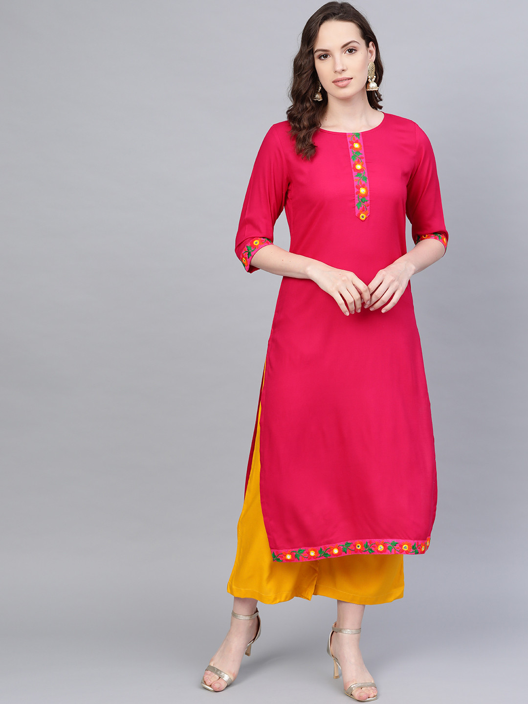 Myshka Women Pink & Mustard Yellow Solid Kurta with Palazzos