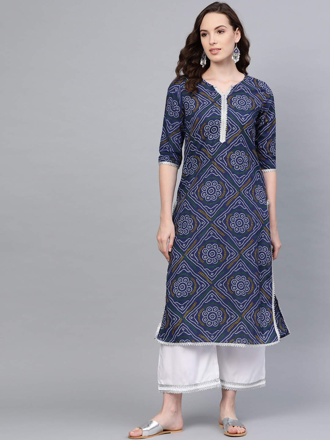 Myshka Women Navy & Off-White Printed Kurta with Palazzos