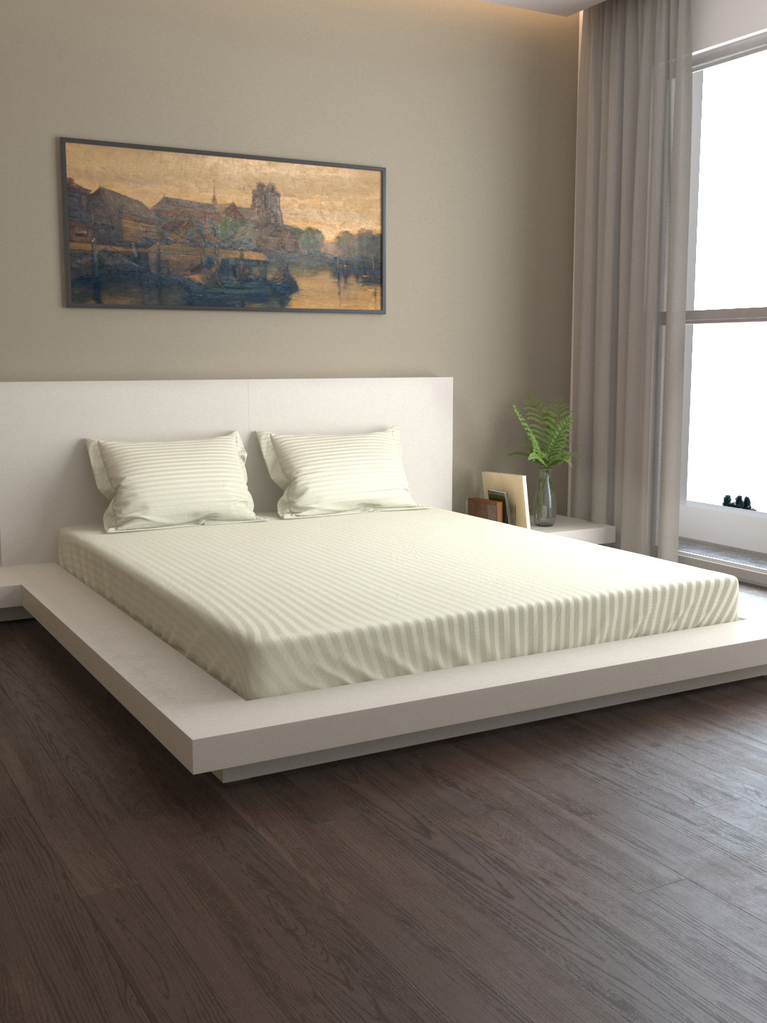 MARK HOME Cream Striped Pure Cotton 400 TC Double Superfine Bedsheet with 2 Pillow Covers-108 x 108 inches