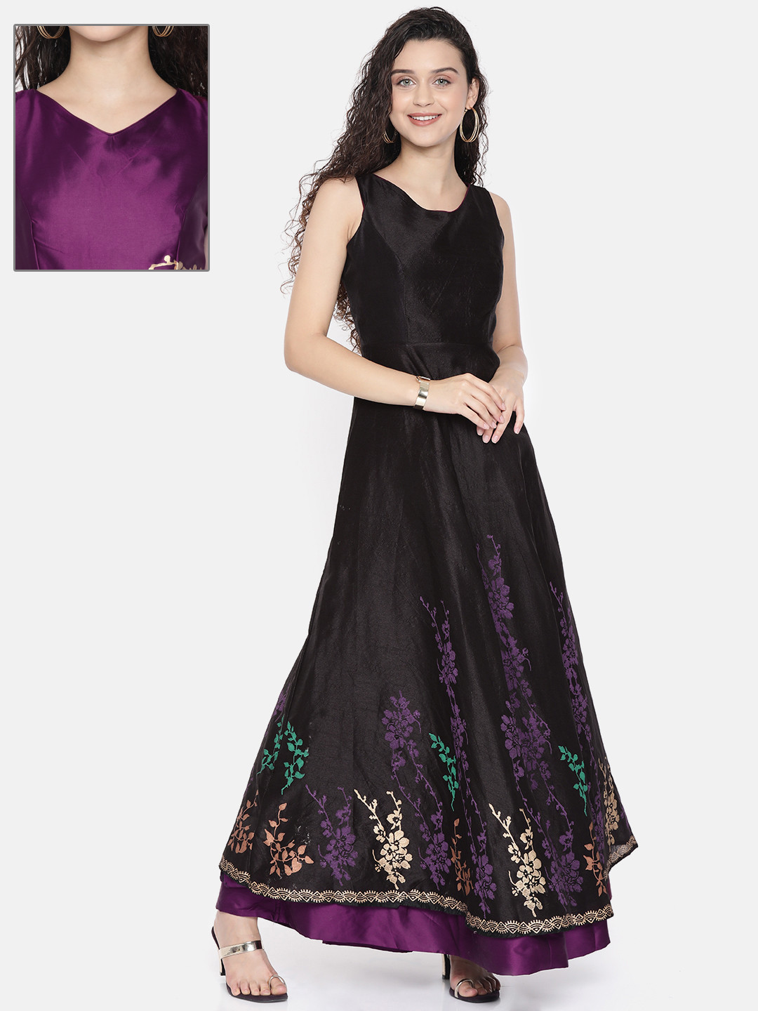 Ira Soleil Women Purple & Black Foil Printed Reversible Anarkali Kurta
