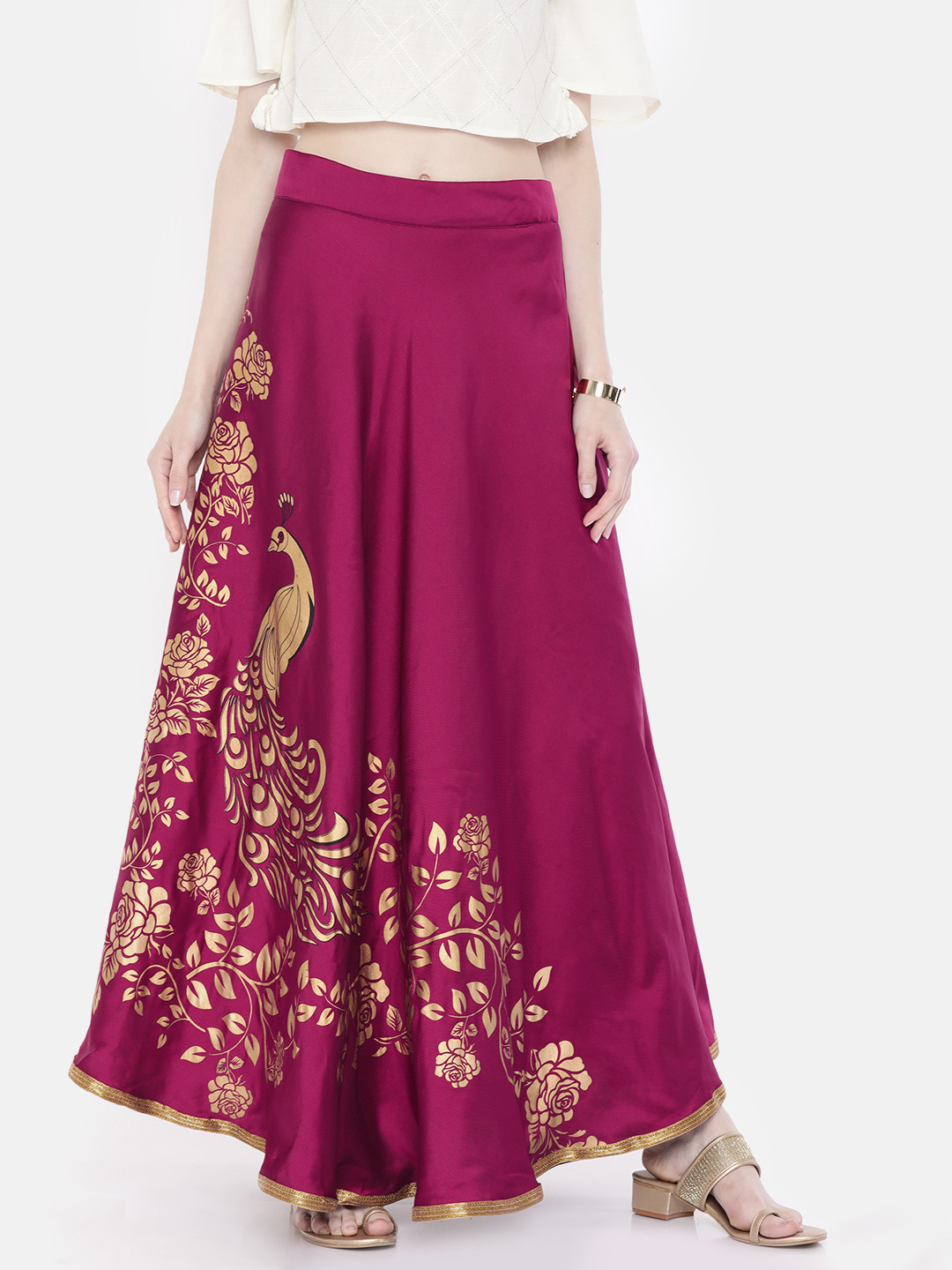 Ira Soleil Women Pink & Gold-Toned Foil Printed Flared Maxi Skirt