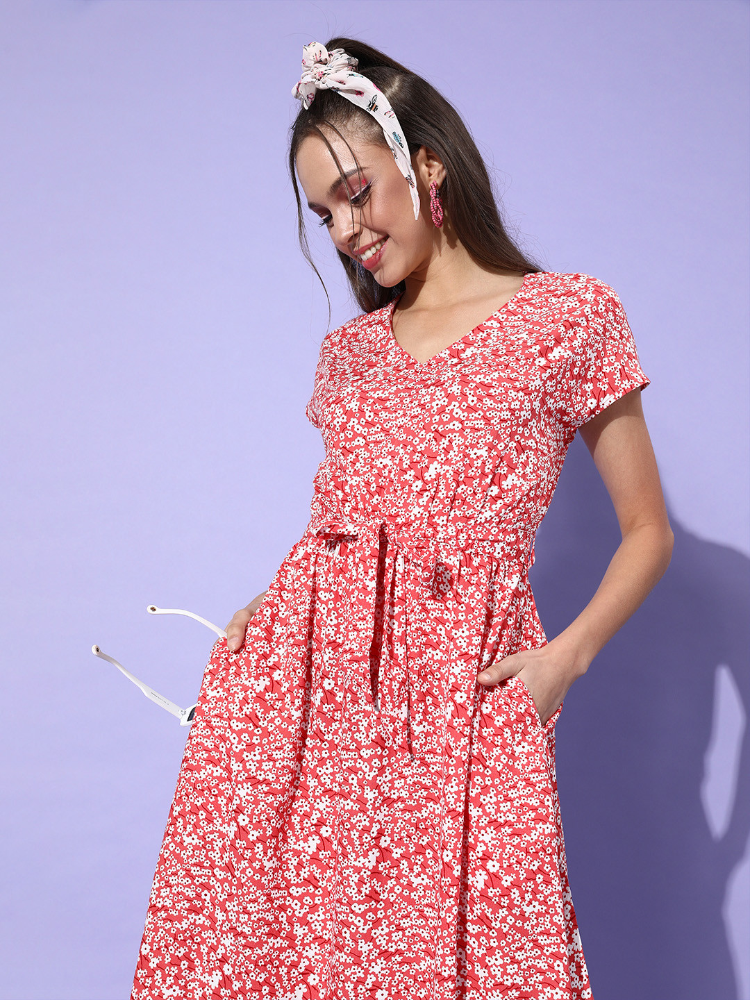 DressBerry Women Elegant Coral Floral Sun Dress