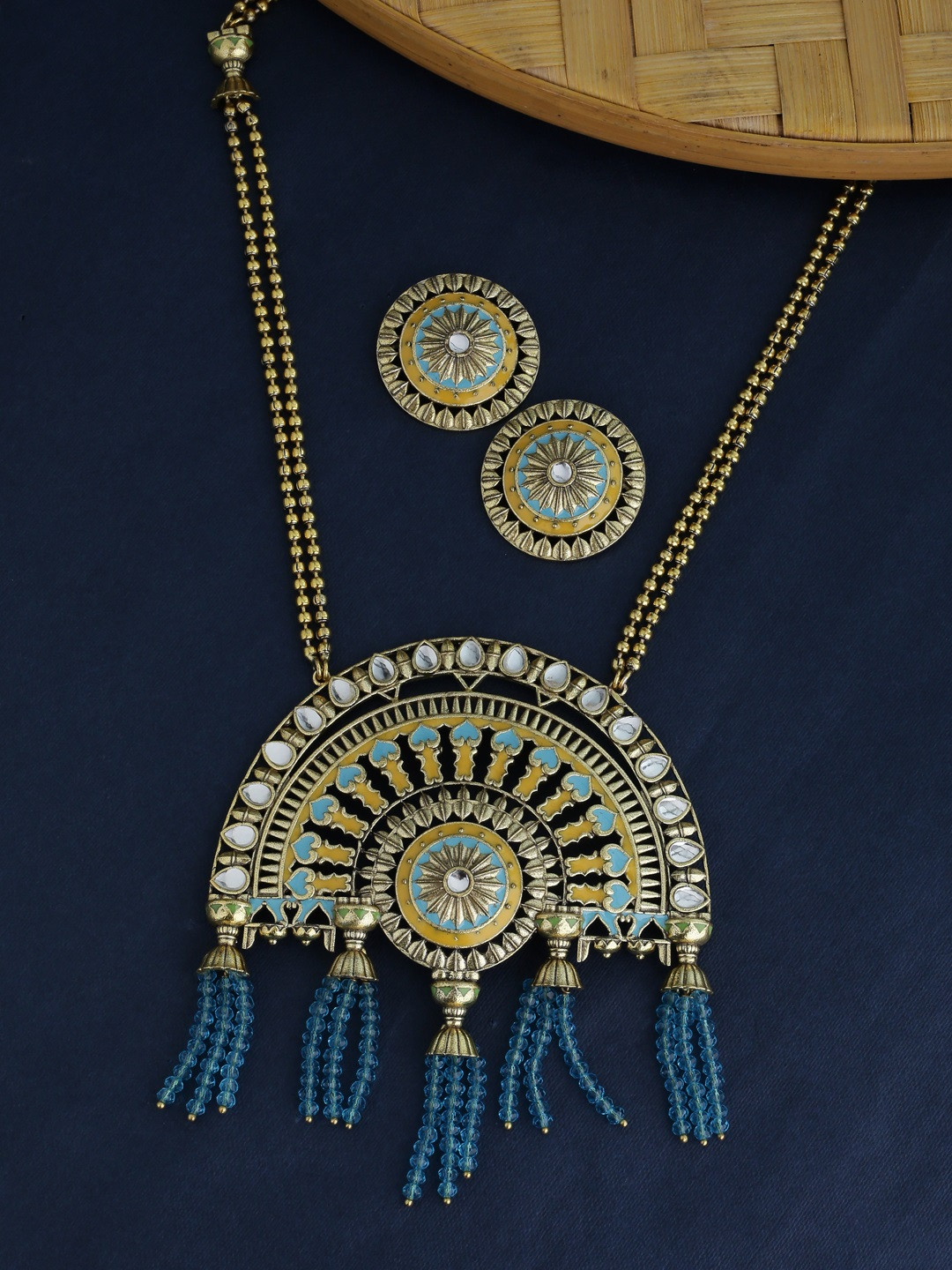 Voylla Yellow & Blue Gold-Plated Stone-Studded Enamelled Jewellery Set