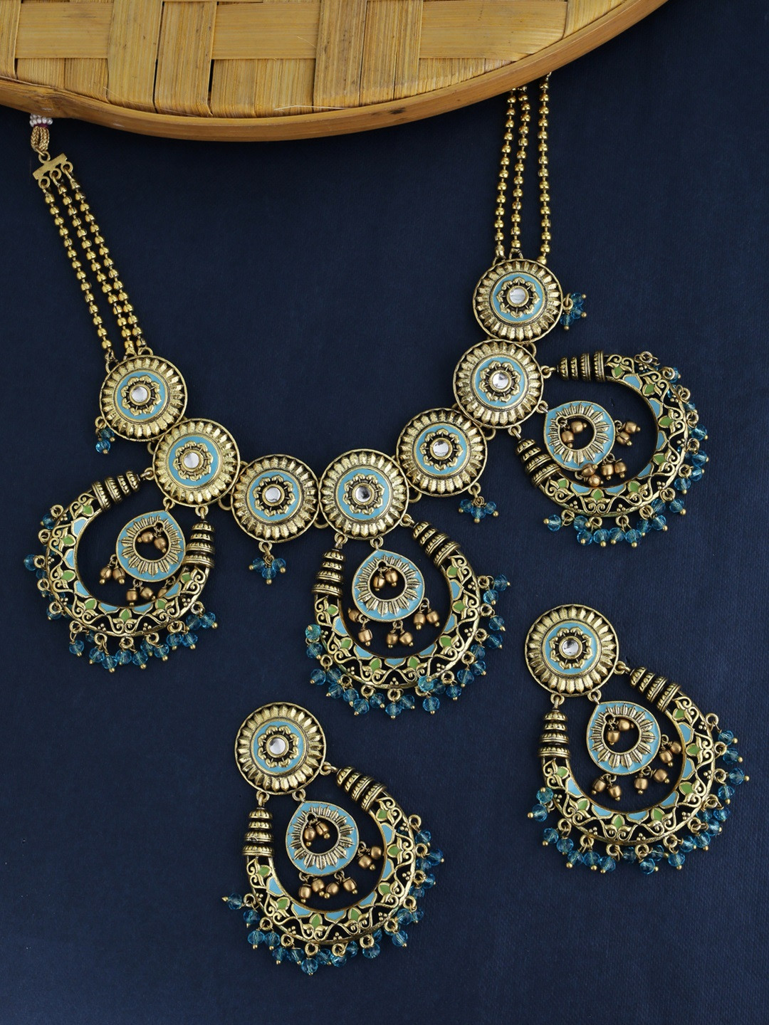 Voylla Women Blue & Green Gold-Plated Stone-Studded Enamelled Jewellery Set