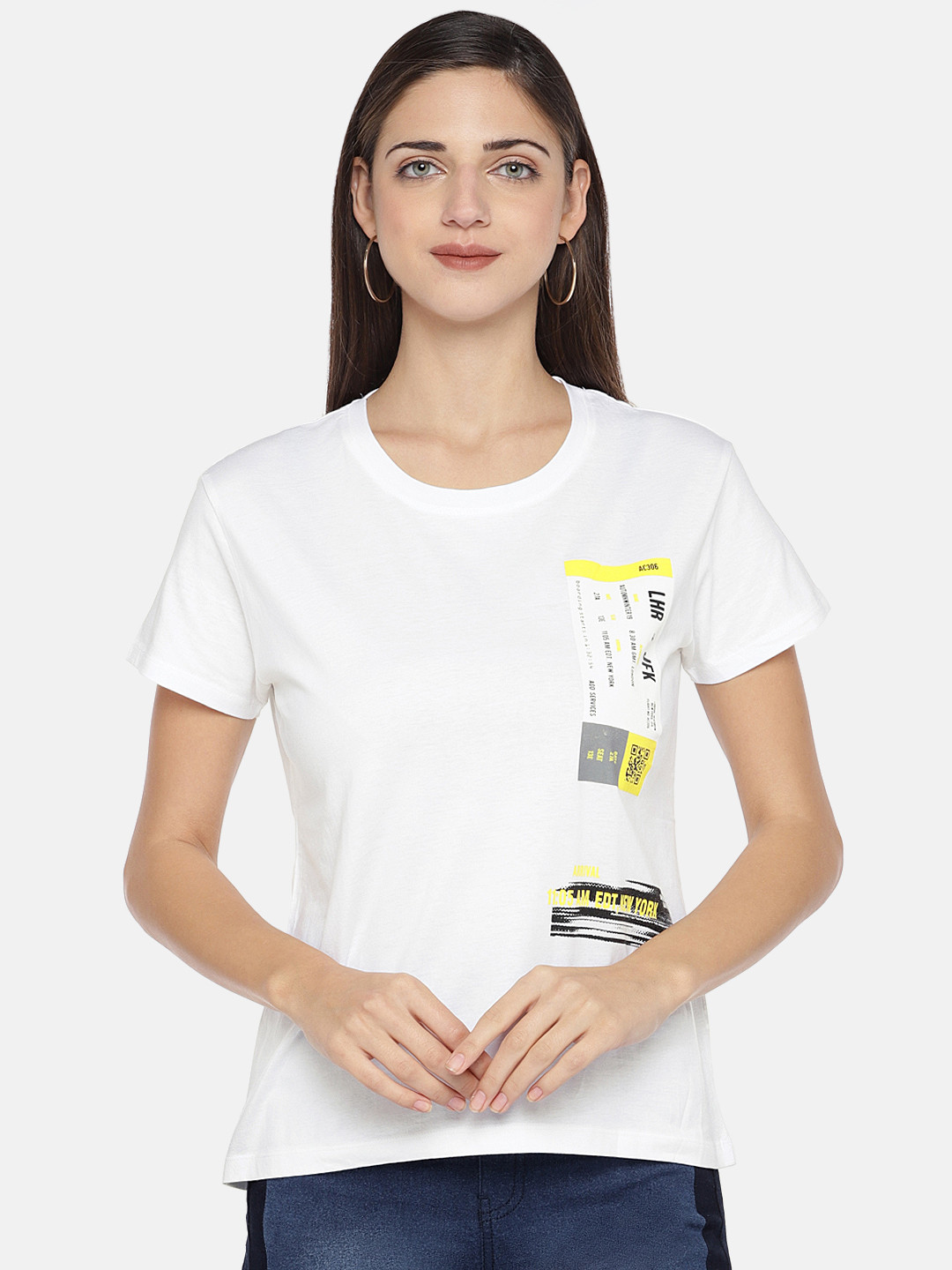 Globus Women White Printed Round Neck T-shirt