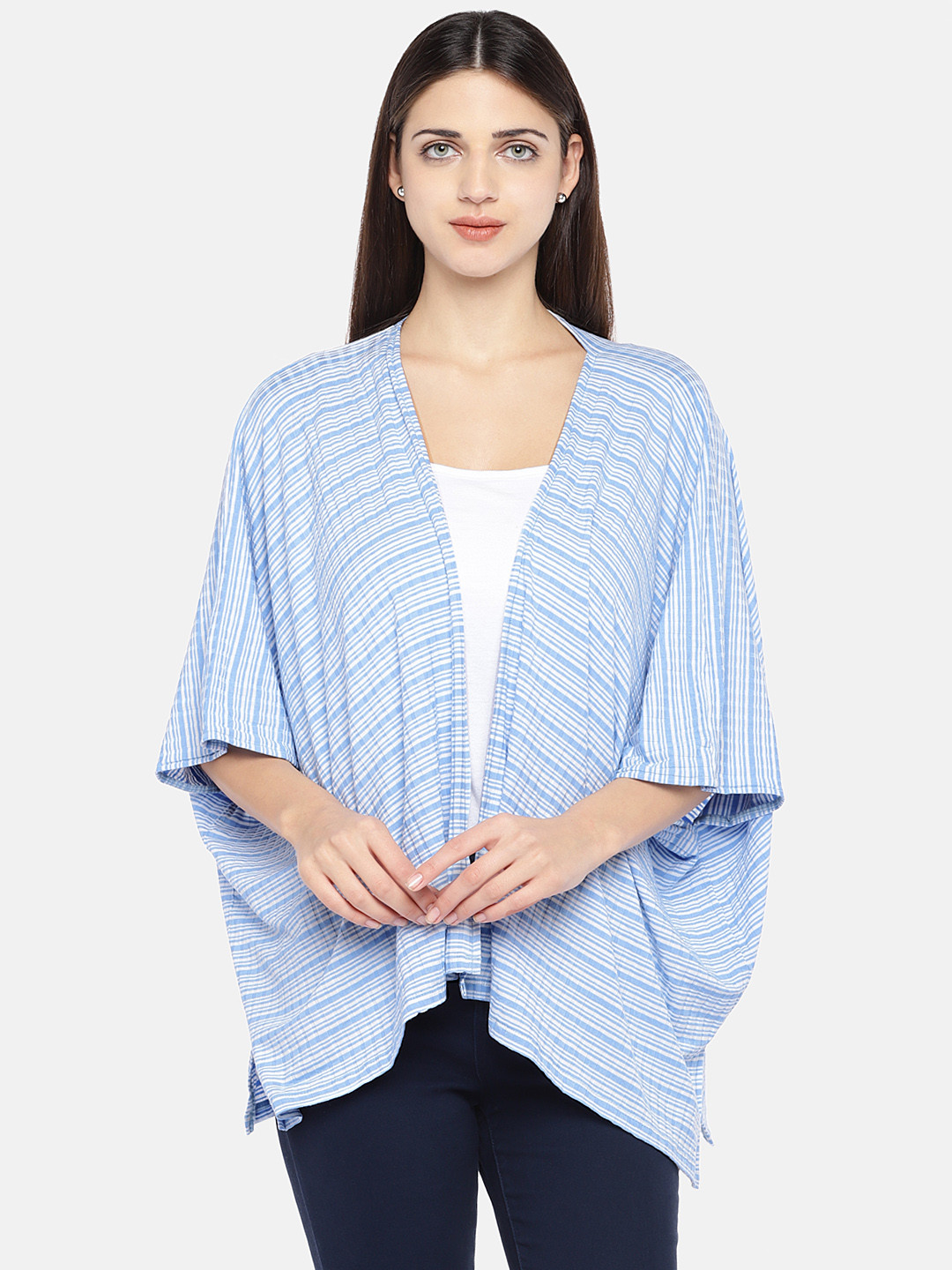 Globus Women Blue & White Striped Open Front Shrug