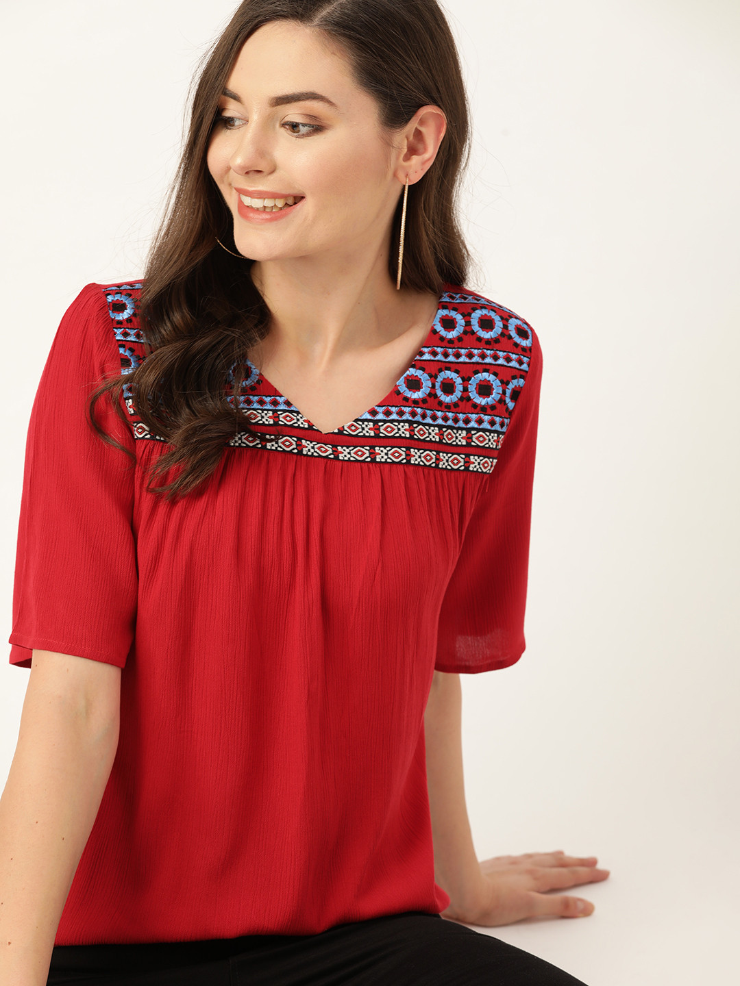 DressBerry Red & Blue Embroidered A-Line Top