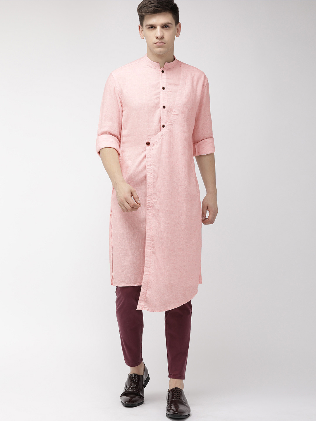 The Indian Garage Co Men Pink & White Checked Straight Asymmetric Kurta