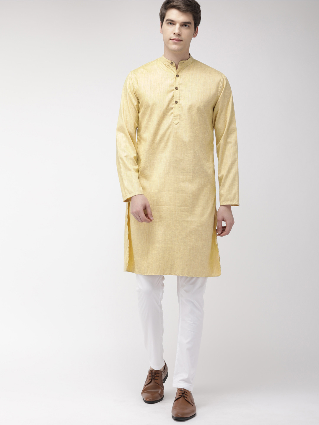 The Indian Garage Co Men Yellow & White Solid Kurta with Pyjamas
