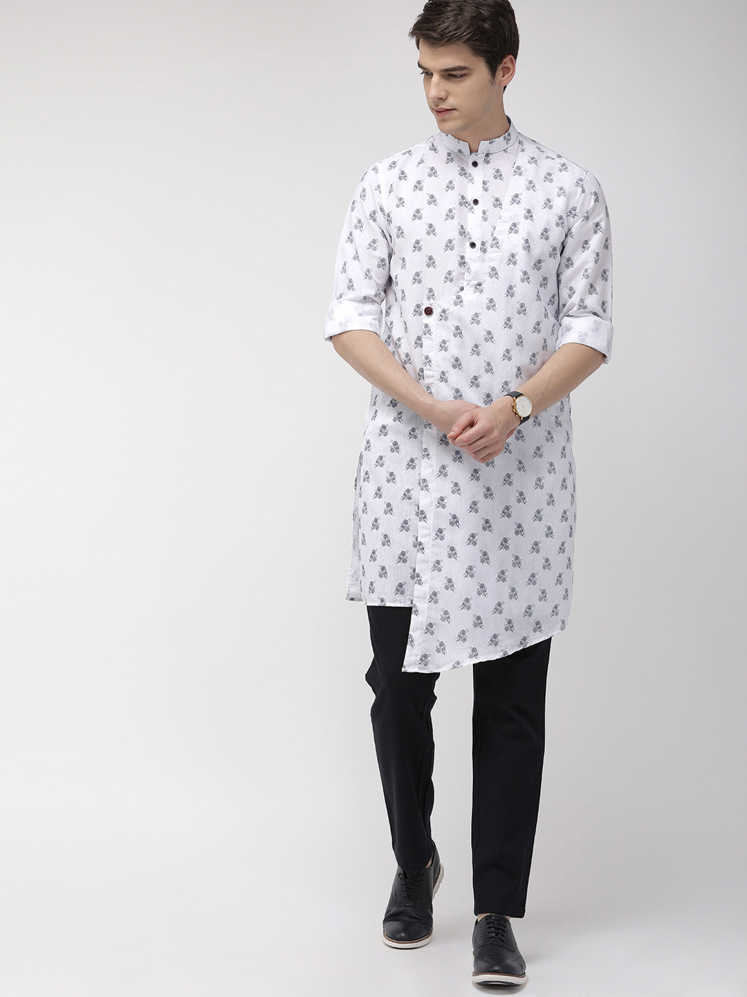 The Indian Garage Co Men White Printed Asymmetric Straight Kurta