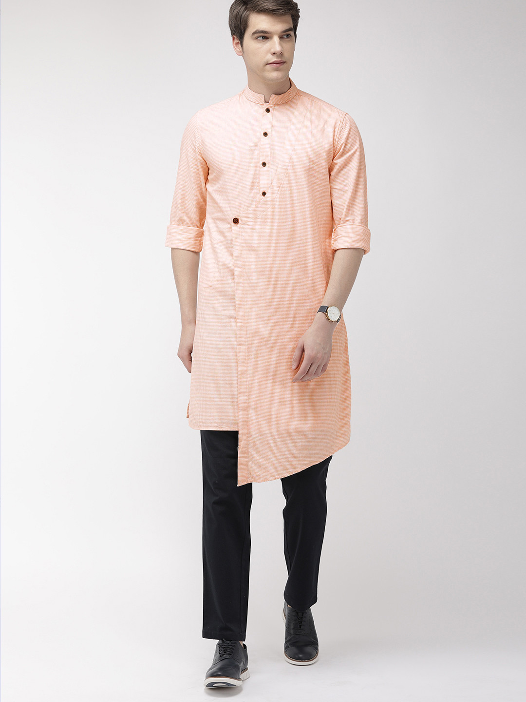 The Indian Garage Co Men Orange Checked Asymmetric Hemline Straight Layered Fusion Kurta