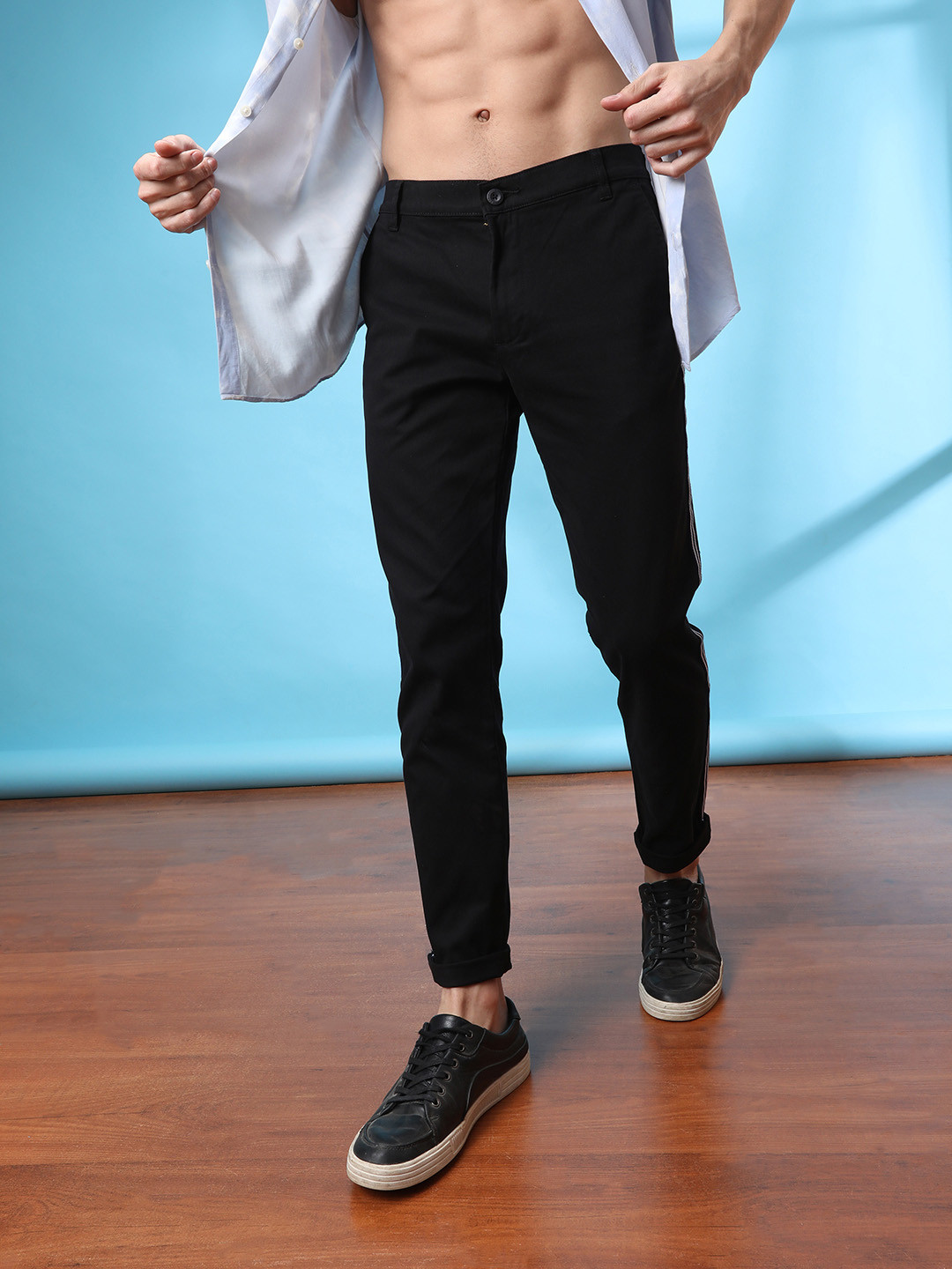 The Indian Garage Co Men Black Slim Fit Solid Chinos With Side Taping