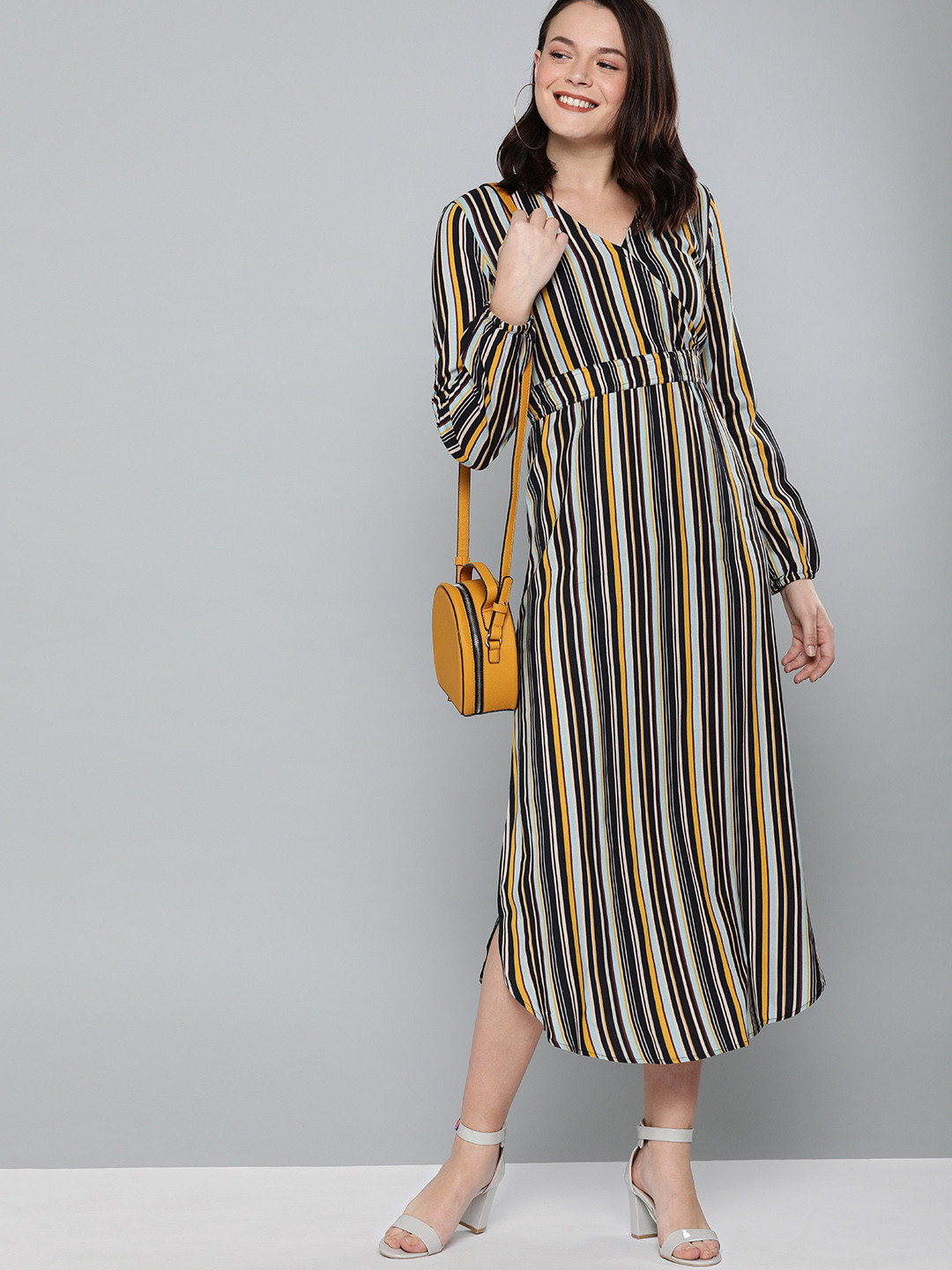 Mast & Harbour Women Black & Mustard Yellow Striped Wrap Dress